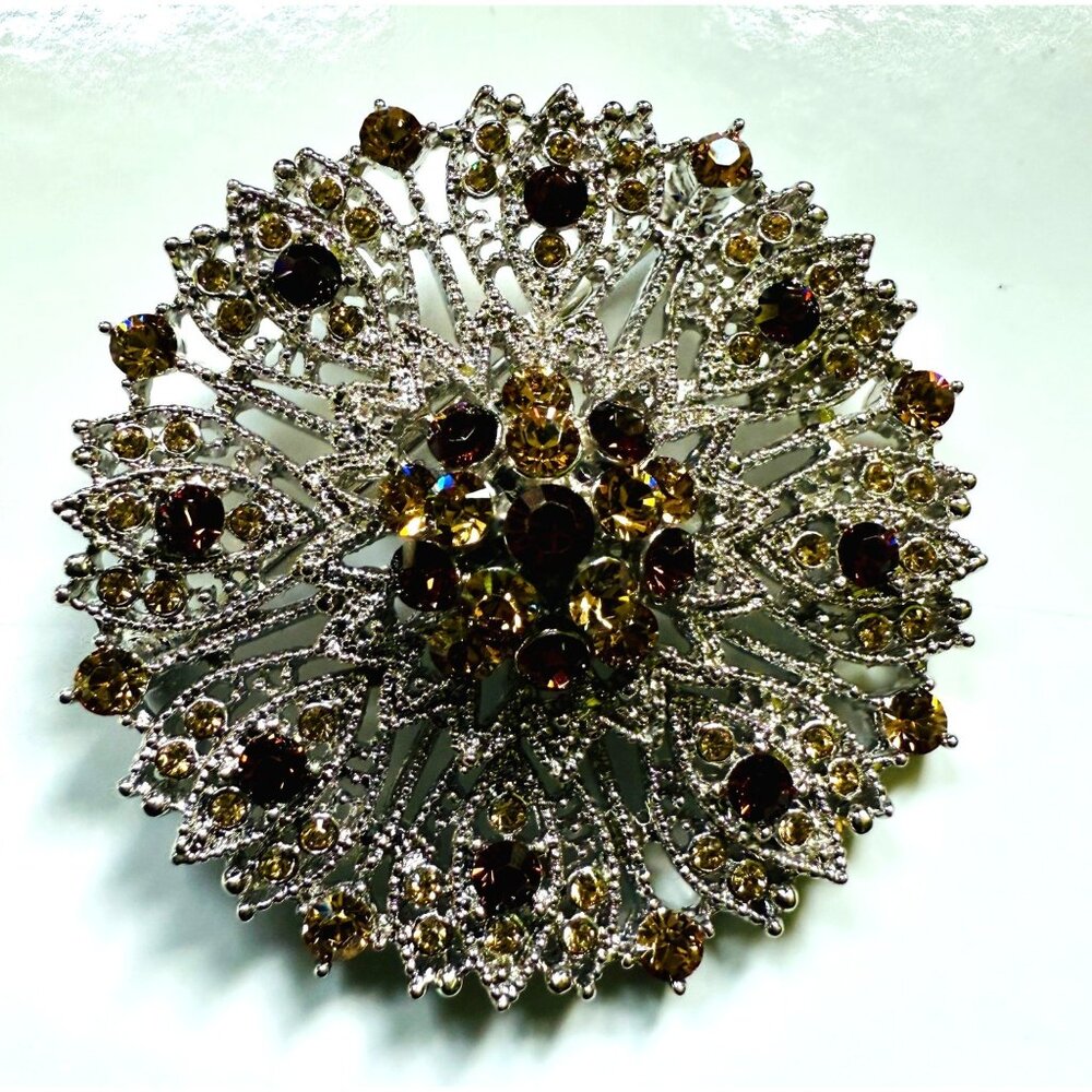 Jacqueline Kennedy  Rhinestone & Silver-Tone Floral Brooch  Signed JBK